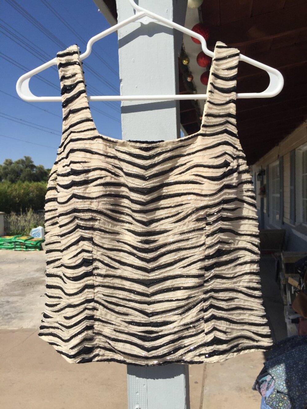 Vintage CACHÉ 90s Beaded 100% Silk Zebra Top Y2K Animal Print Square Neck Tank M